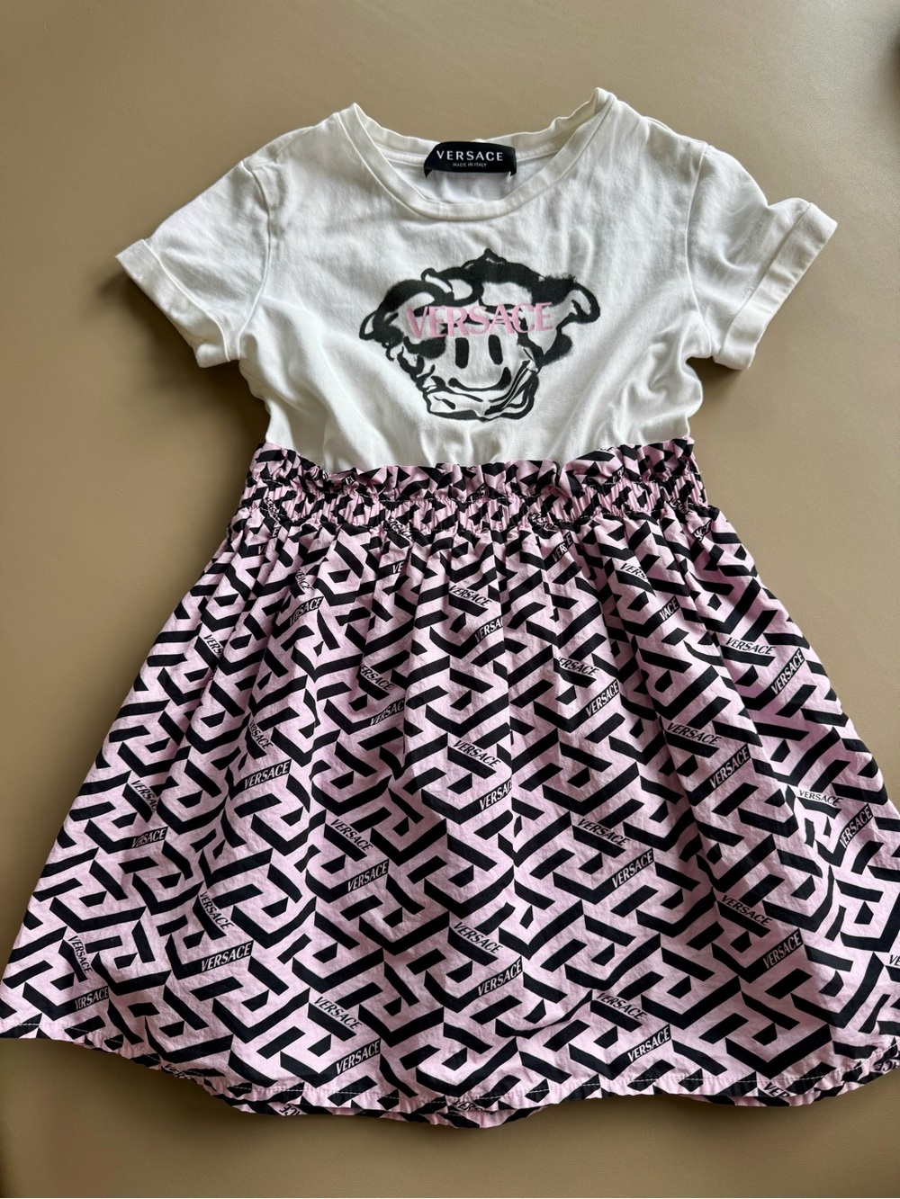 Versace Kids Cream, Black & Pink Logo Smiley Dress
